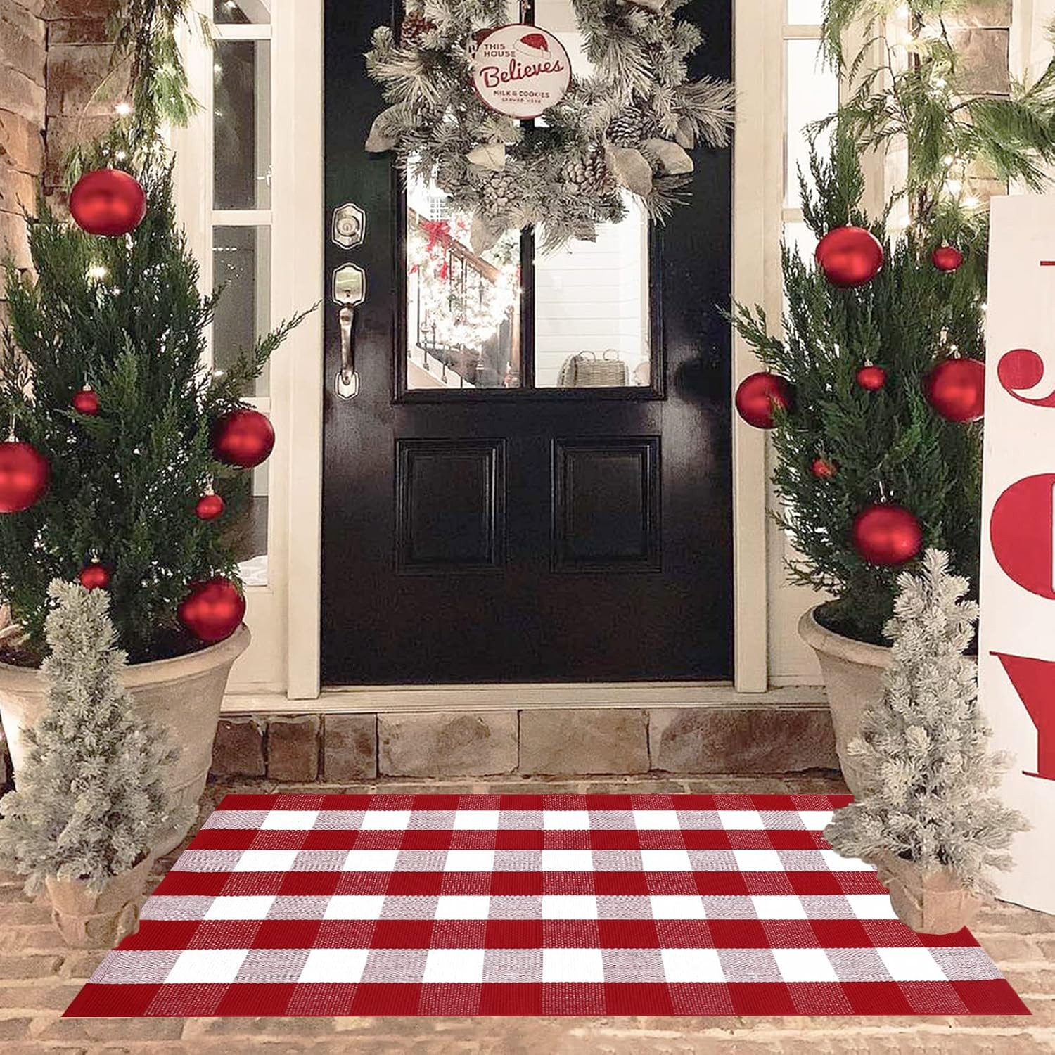 Christmas Red and White Plaid Rug, 3′ X 5′ Cotton Hand-Woven Layered Door Mat fo