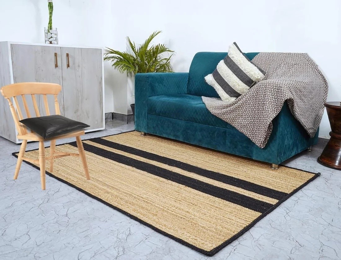 Natural Jute Rug Black Stripe Handmade Modern Rug Area Carpet Rustic Home Decor
