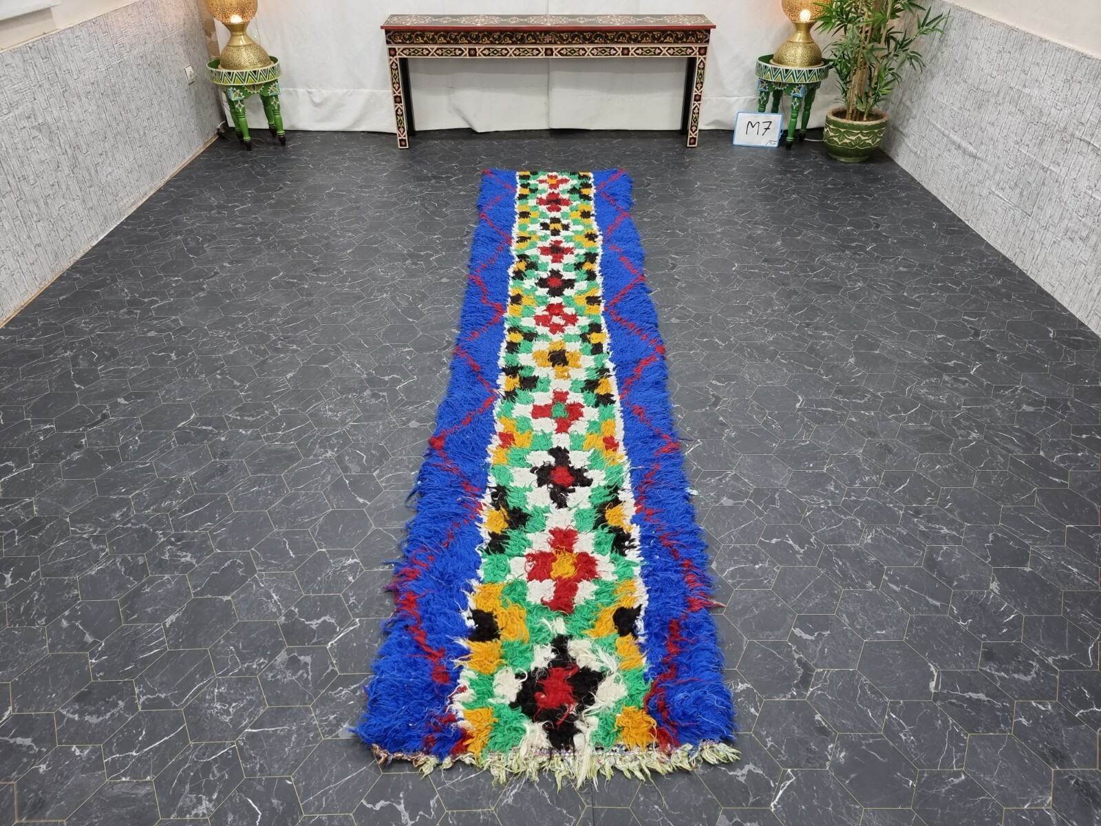 Moroccan Handmade Vintage Rug 2’2″x11′ Berber Geometric Blue Green Carpet