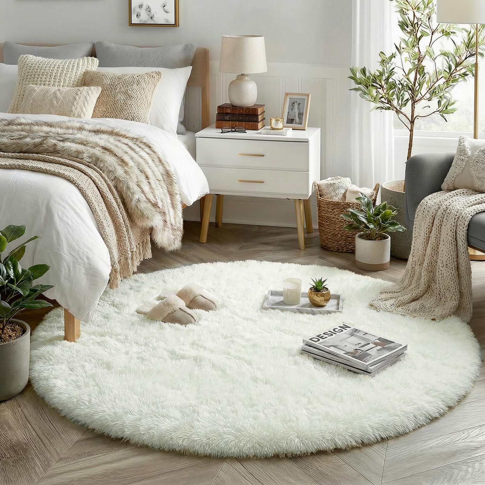Amdrebio Ivory White Round Rug 5Ft for Bedroom Living Room Aesthetic, Neutral…