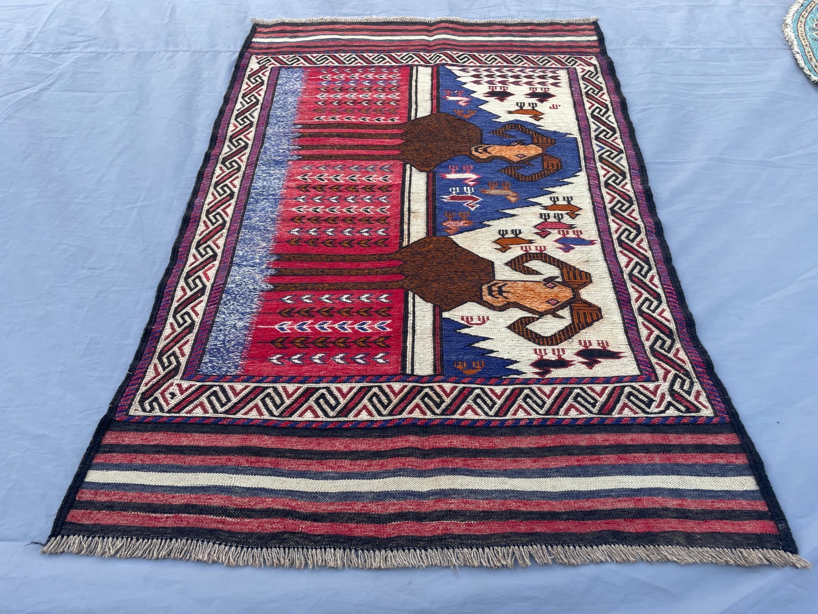 2×4 Pictorial Afghan Animal Rug Handmade Wool Tribal Ram Wall Carpet.