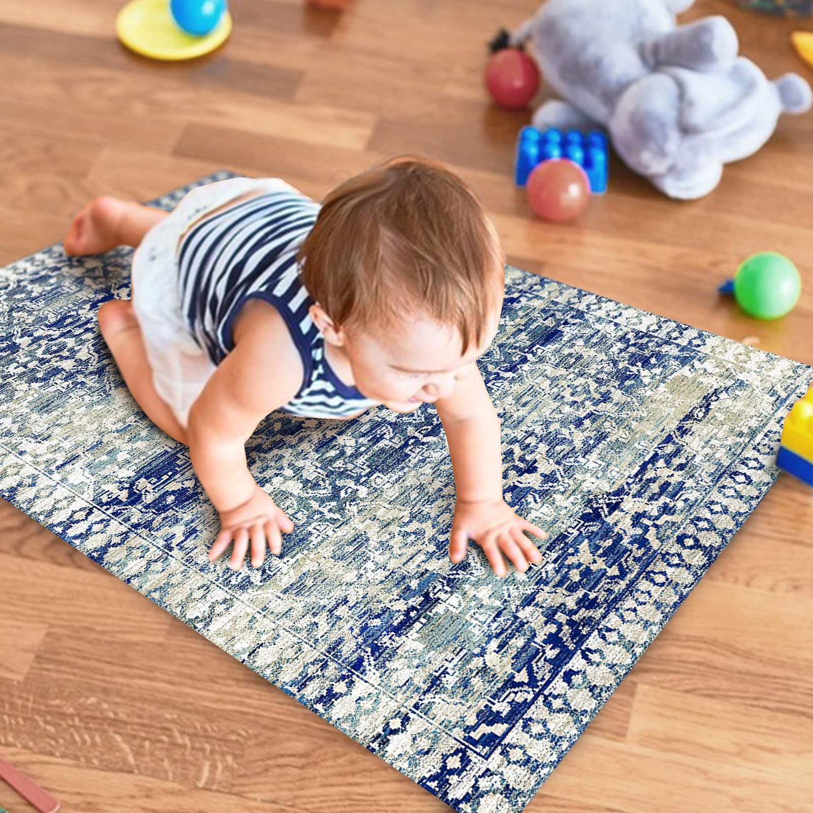 Livcoz Vintage Flower Washable Area Rug 2 x 3 Ft, Boho Blue White Floral Soft…