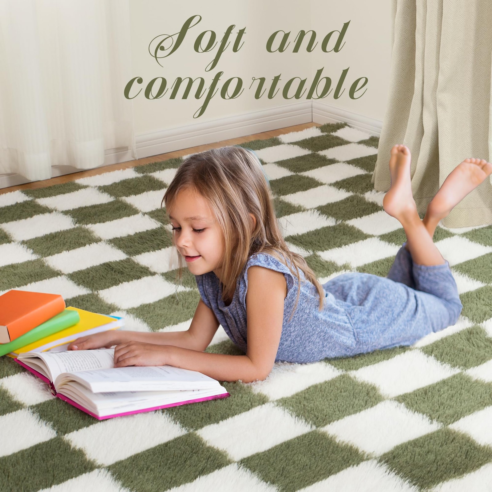 Super Soft Rug for Bedroom, 8×10 Ft Green and White Area Rug Classic Checkere…