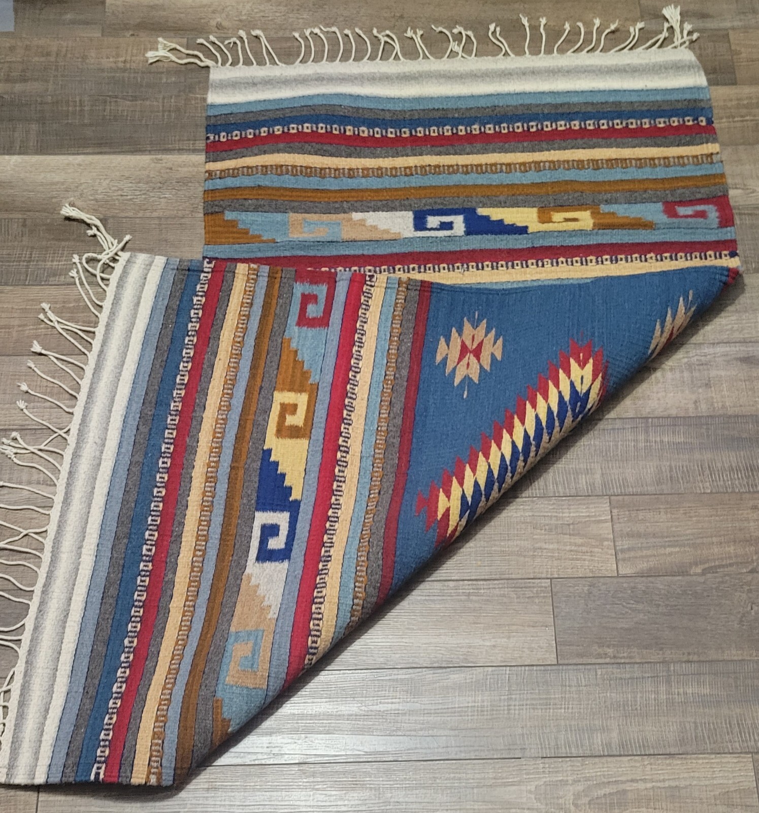 Vintage Native Aztek Design Woven Wool Rug 58″ x 32″ Beautiful