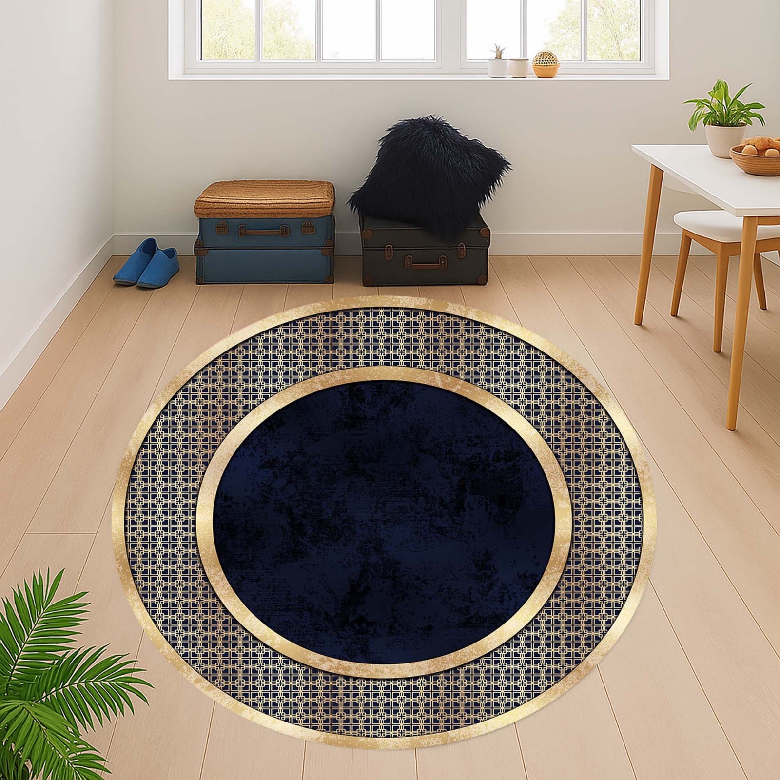 Modern Round Rug, Living Room Carpet, Navy Gold Circle Rug, Contemporary Rug