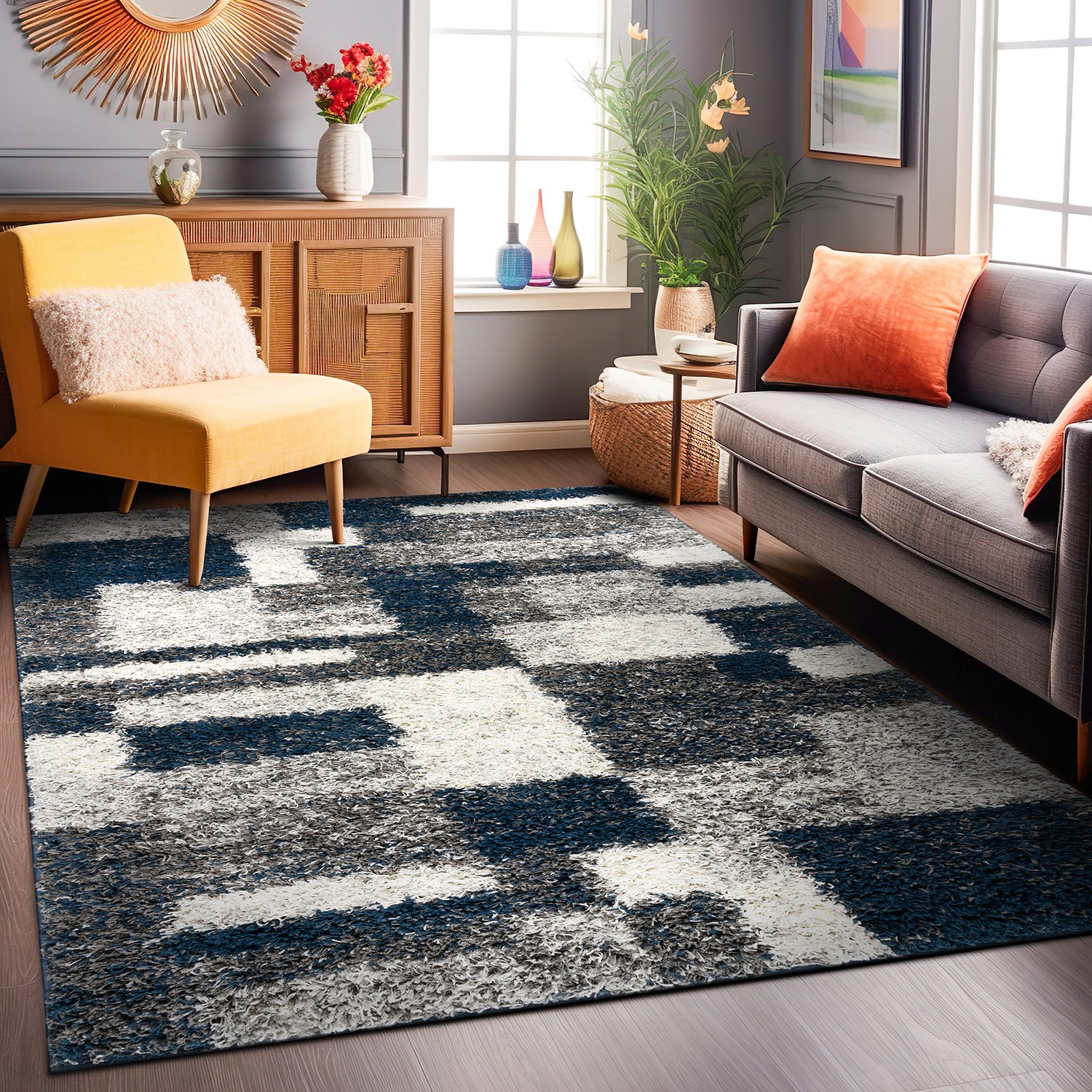 Area Rugs Distressed Modern Boxes Plush Shag Rug Guest Room Dining Room Rug 5×7