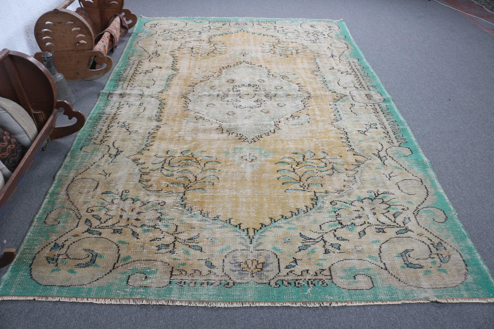 6,46×10,3 ft Turkish Rug, Vintage Large Rug, Green Yellow Polka dot Rug