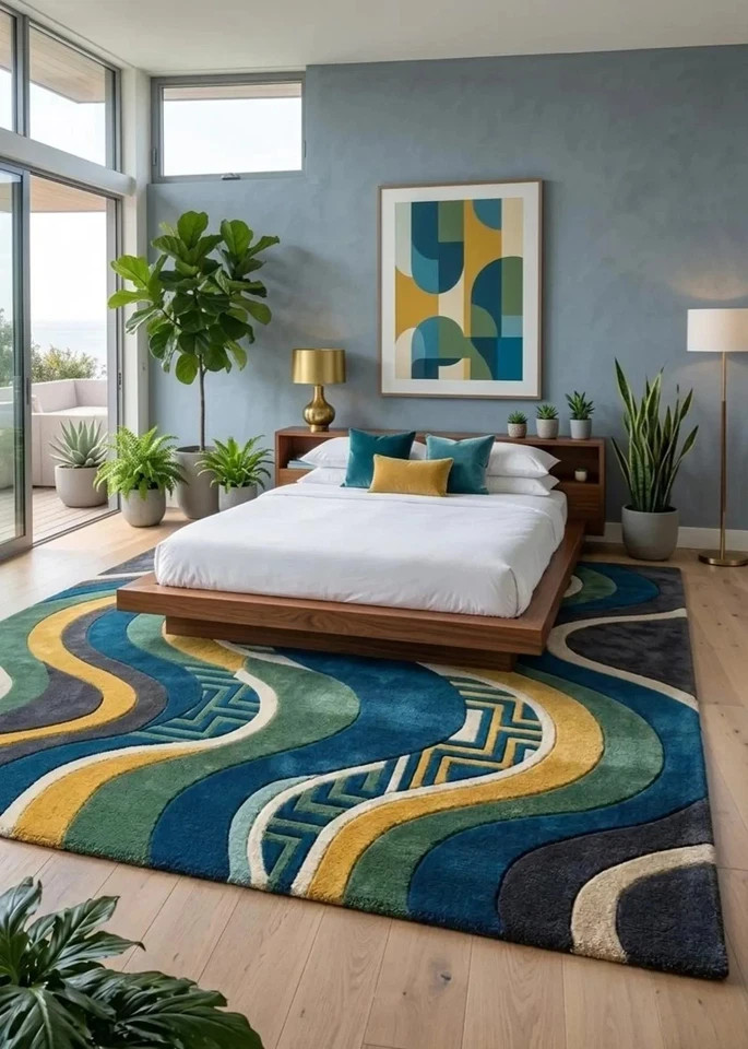 Hand Tufted 100% Wool Rug: Modern Abstract Wave Blue Green Area Carpet