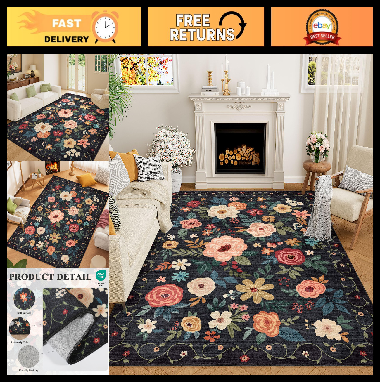 Floral 5×7 Area Rug – Washable, Non-Slip, Soft Low Pile, Stain Resistant, Pet Fr