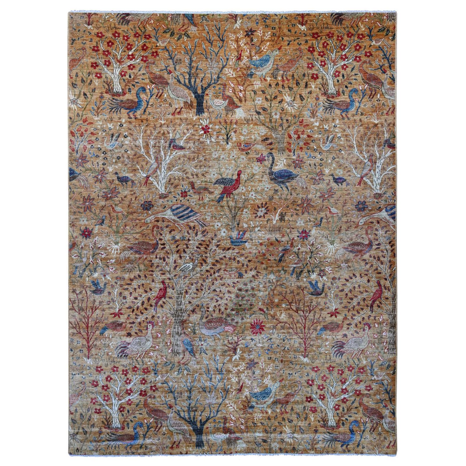 8’10″x11’10” Brown Peshawar Birds of Paradise Design Hand Knotted Soft Wool Rug