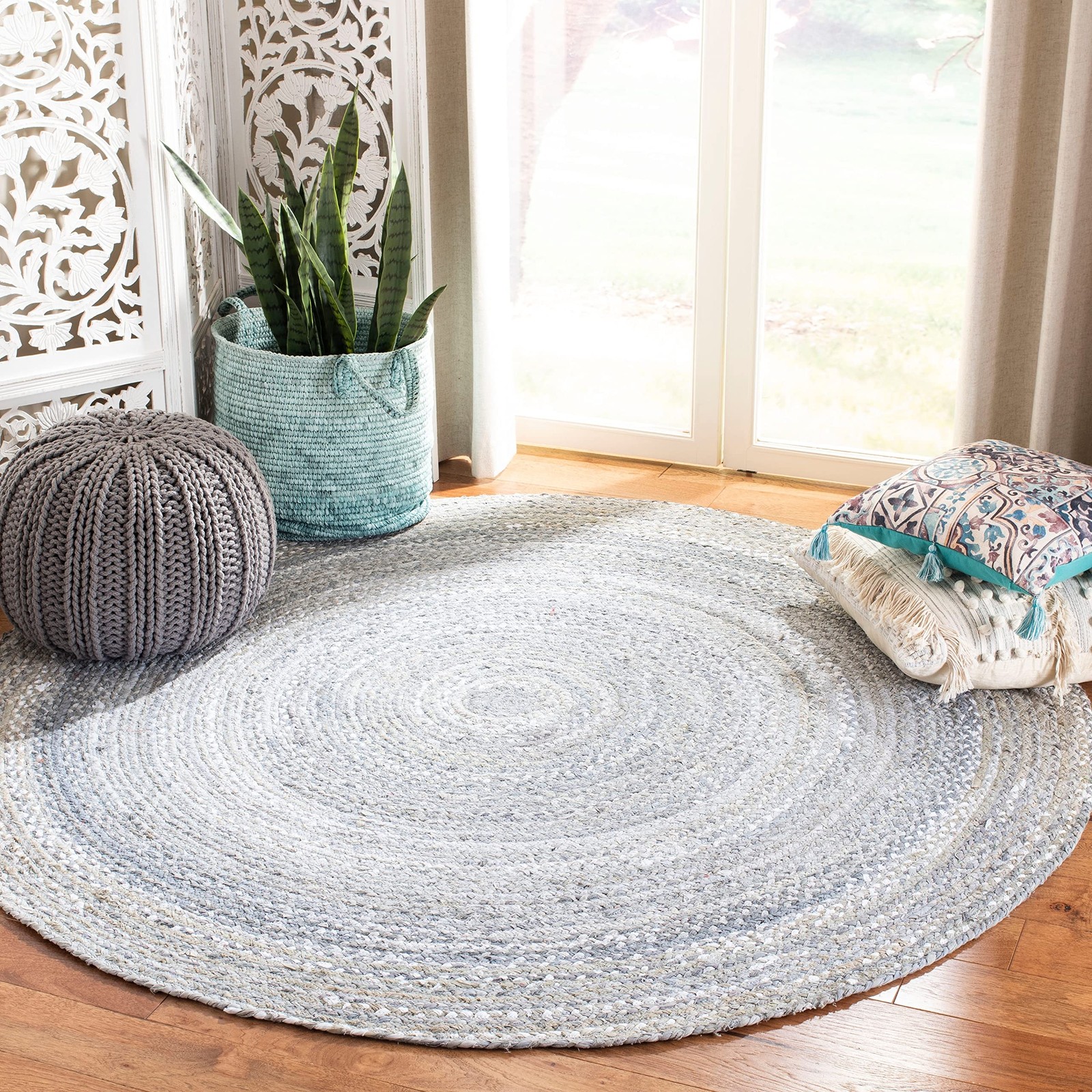 Braided Collection Area Rug 4′ Round, Beige with Pink Accents, Handmade Cott…