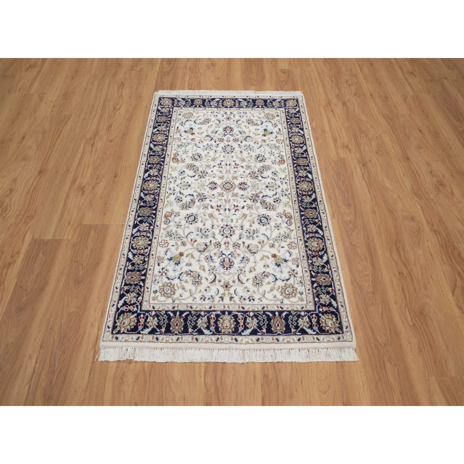 3’1″x5’2″ Ivory Hand Knotted Nain with All Over Design Wool and Silk Rug 92464