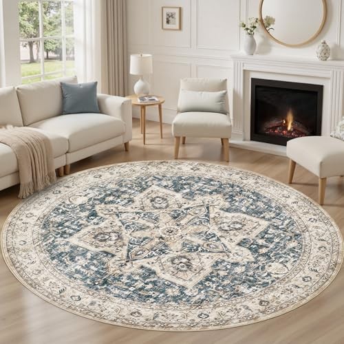 10′ Round Area Rug – Washable Boho Rug – Vintage Oriental Oriental