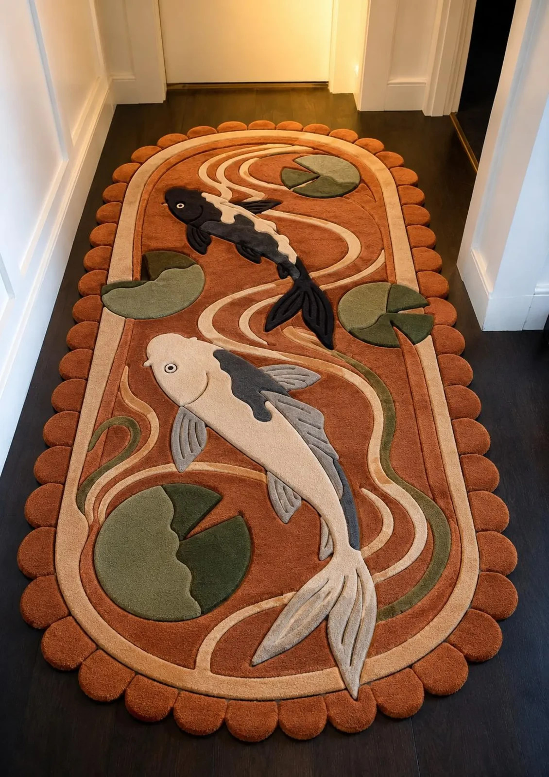 Hand Tufted Koi Fish Runner Rug Japanese Pond Wool Runner Scalloped Edge Hallway