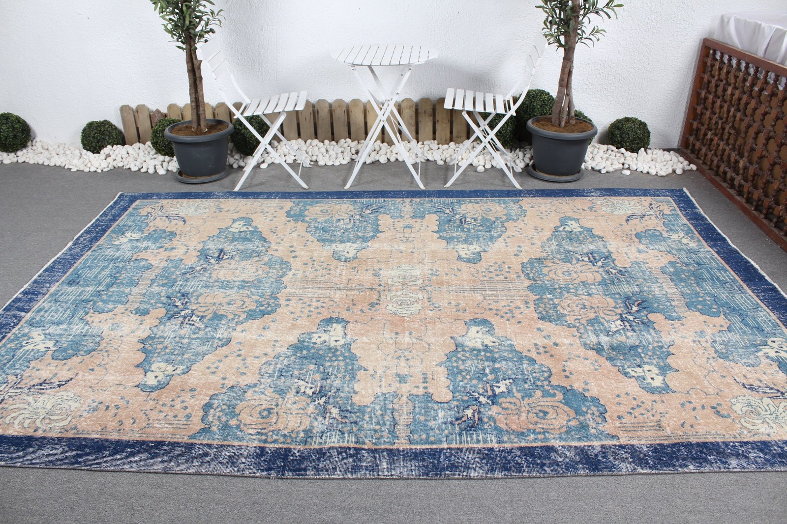 Vintage Rug, 6,9×10,6 ft Oversize Rug, Blue Oriental Wool Turkish Rug