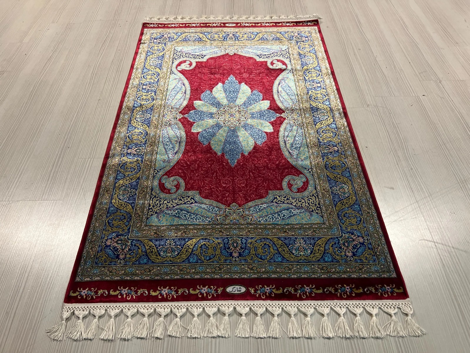 3x5ft Red Modal Silk Runner Rug, Blue Medallion Design, Turkish Hallway Decor