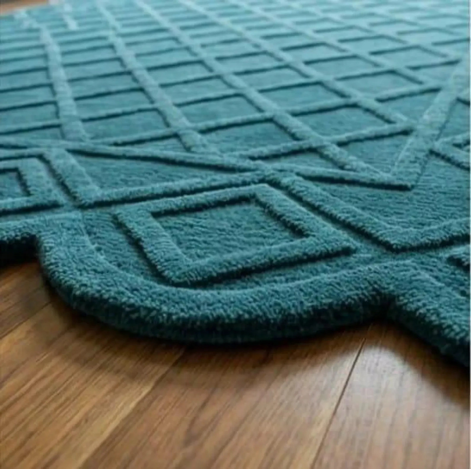 Teal Blue Hand Tufted Wool Rug, Geometric Scalloped Area Rug, Luxury Modern 8×10