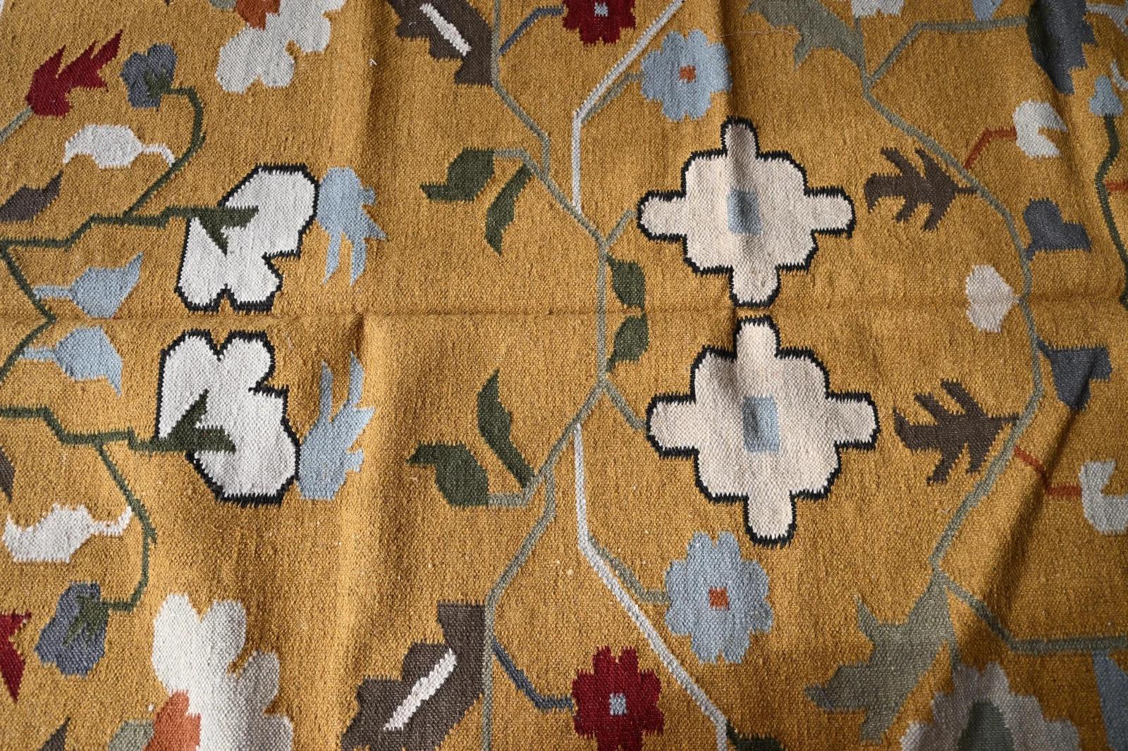Rugmoda 4×6 Wool Rug Yellow Floral Handmade Flatweave Durry for Living Room