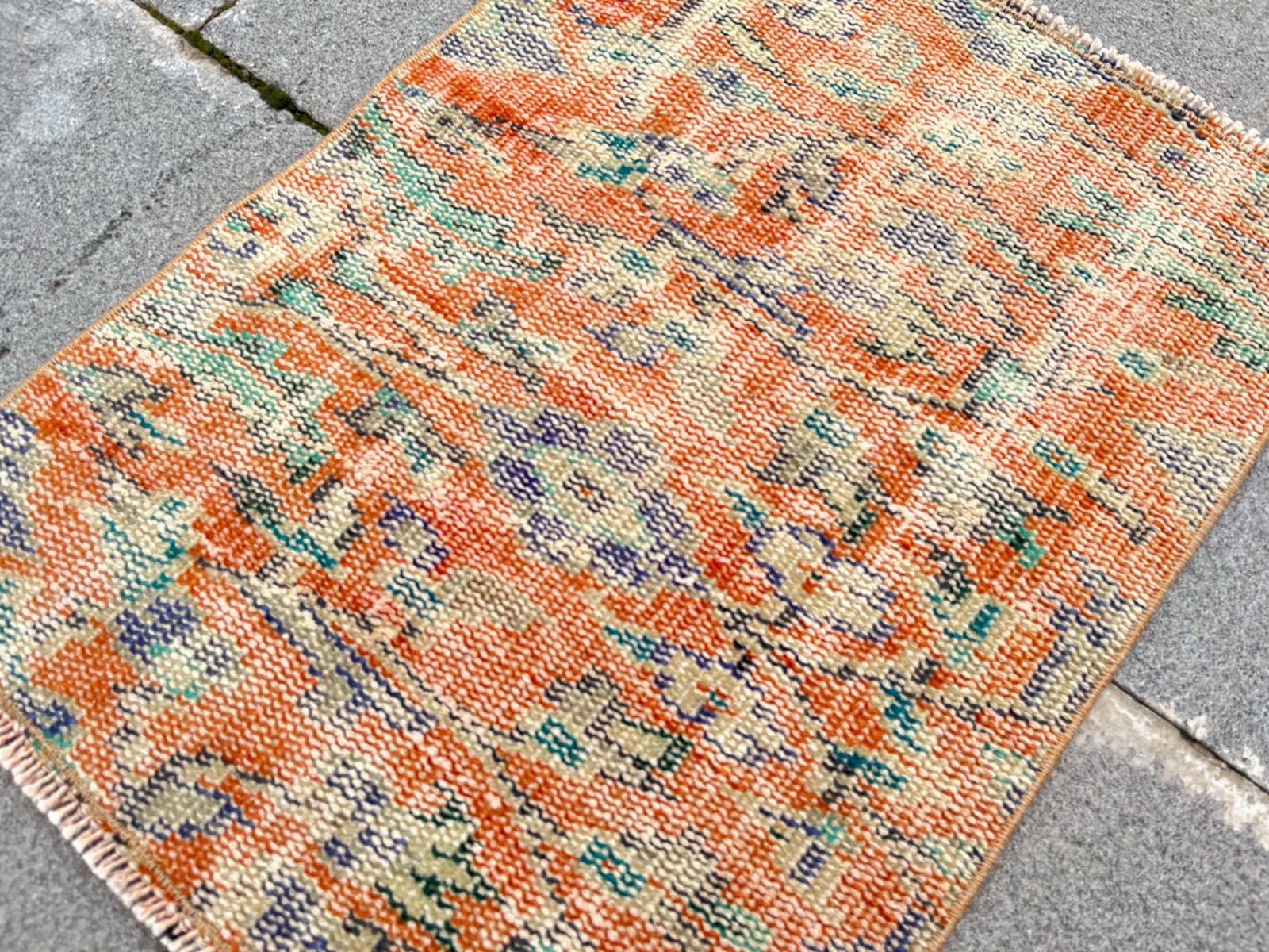 Vintage Turkish Rug 1.6×2.2 ft Small Orange Blue Boho Anatolian Accent Rug