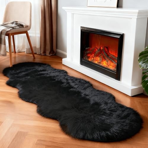 Faux Fur Rug Sheepskin Shag Fluffy Fuzzy Black 2×6 ft Runner Rugs for Bedroom