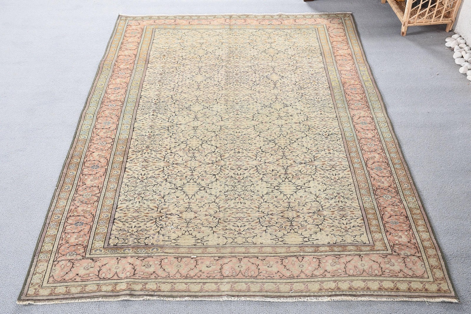 4,8×7,2 ft Rug, Vintage Turkish Rug, Beige Pink Bordered Rug