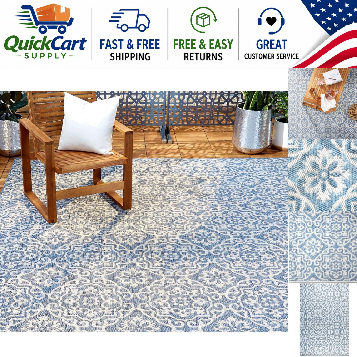 Elegant Geometric Indoor/Outdoor Area Rug – Low Pile, Blue/Grey, 3’11” x 5’2″