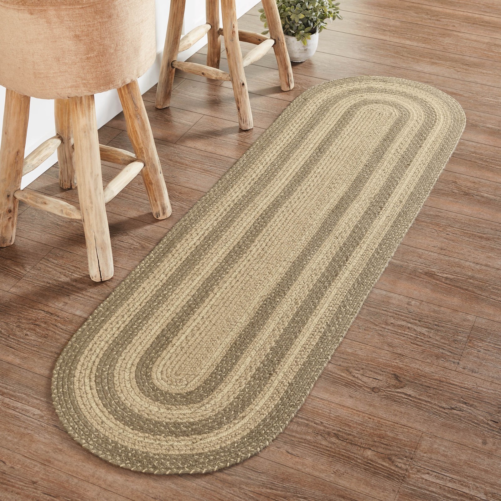 VHC Cobblestone Khaki Grey Taupe Creme Jute Farmhouse Country Oval Braided Rug
