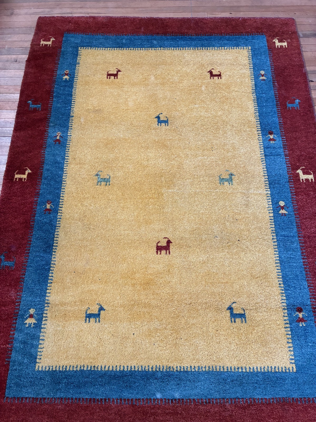 Vintage Anatolian Rug 5×8 Yellow Red Blue Wool Hand Knotted Thick Plush Area Rug