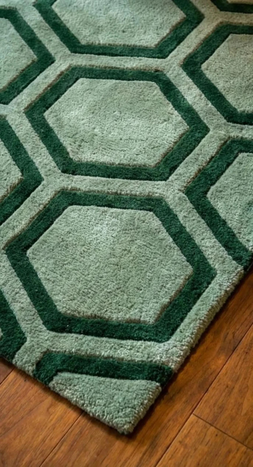 Emerald Green Hexagon Wool Rug, Hand Tufted Modern Area Carpet 8×10| Area Rug