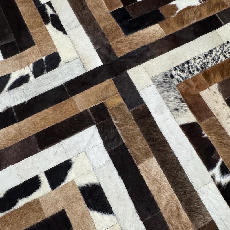 Round Cowhide Patchwork Rug Genuine Leather Circle Area Rug Handmade Carpet