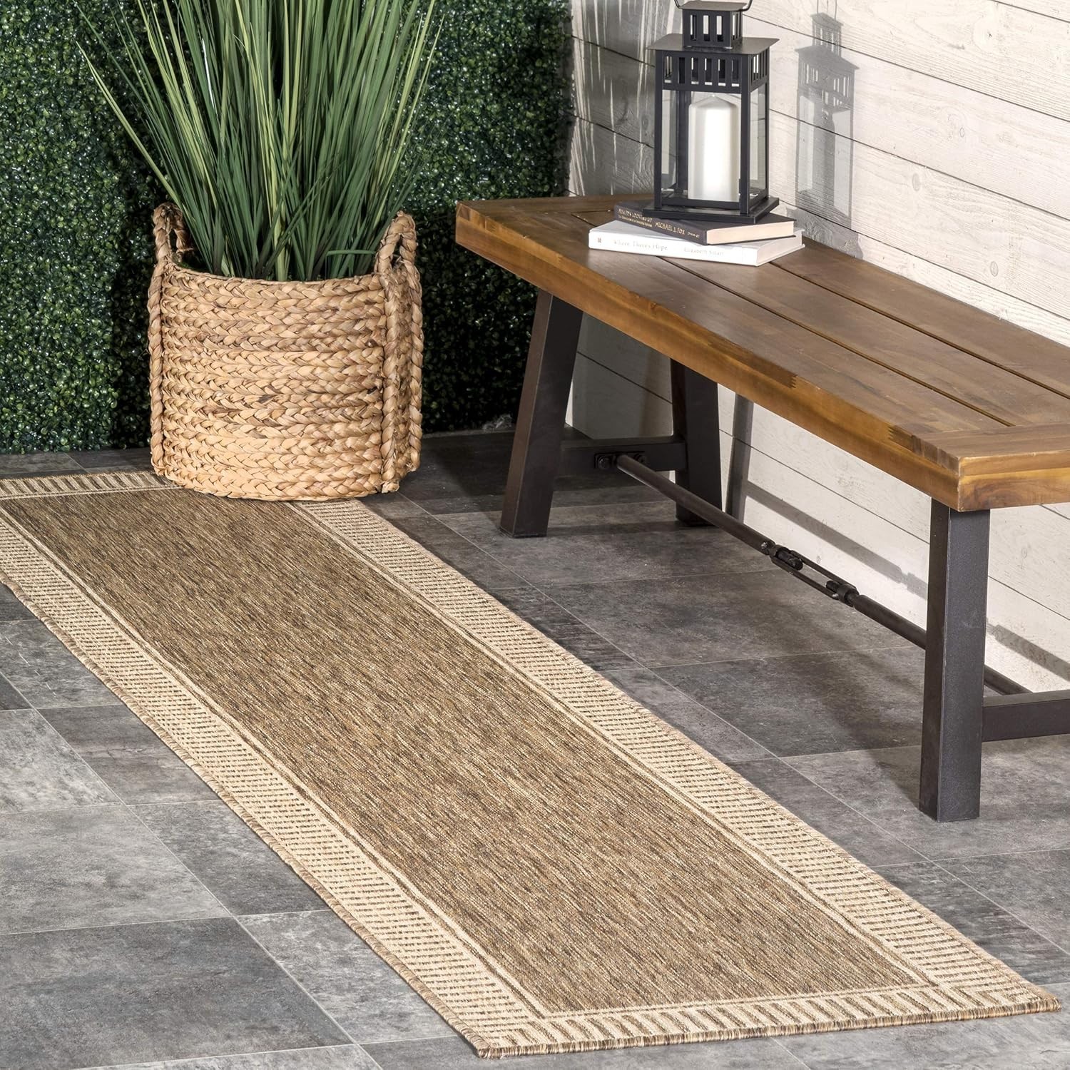 Asha Light Brown Bordered Indoor/Outdoor Rug – 5′ x 8′, Water & Stain Resistant