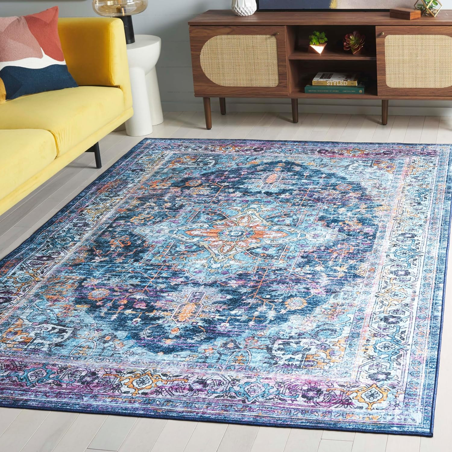 Orlando 8′ x 10′ Washable Rug – Light Blue & Navy, Non-Shedding