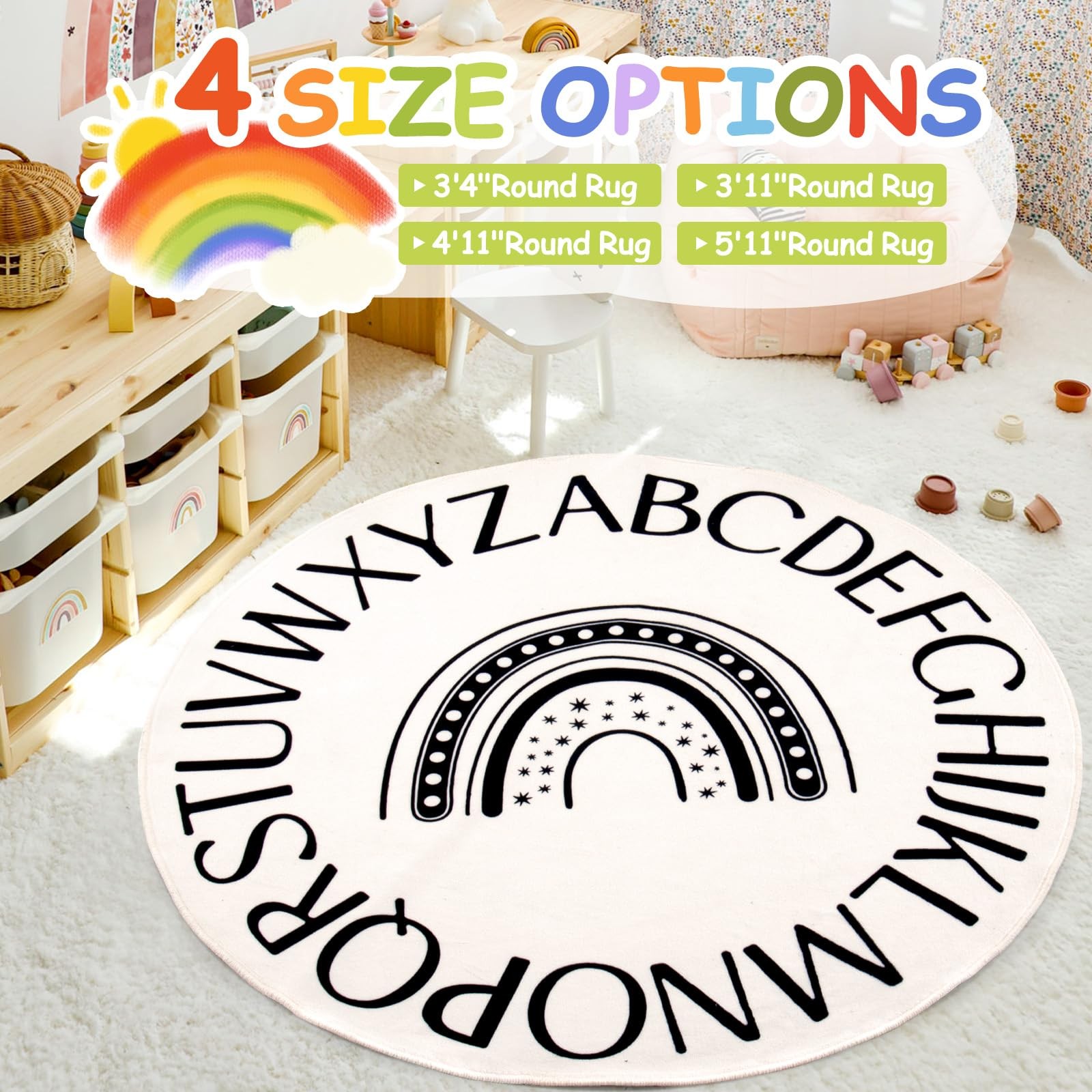 Truqual Round Kids Alphabet Rug, 47 inch Rainbow Classroom Rug, Black | Non-S…