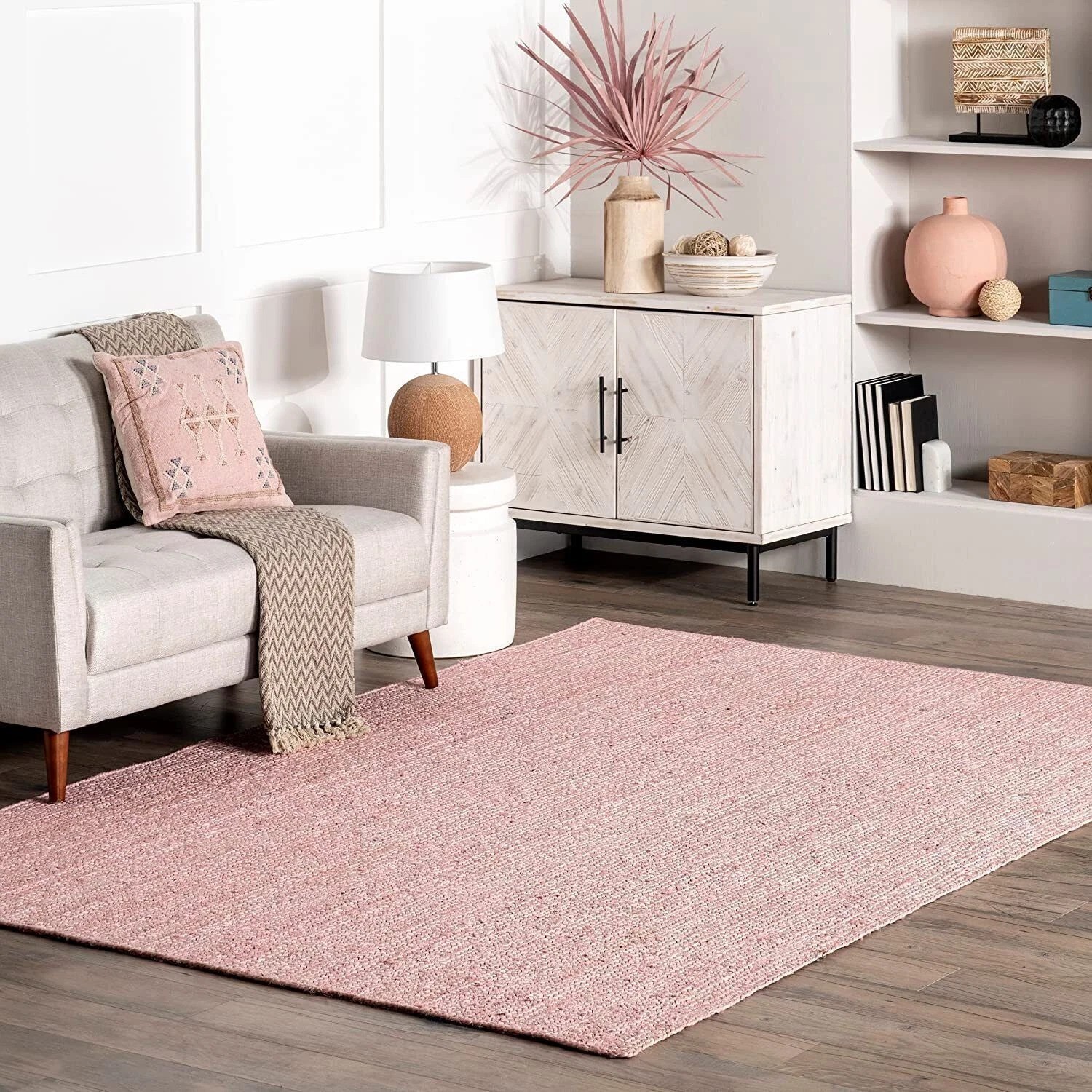 Pink Jute Braided Rectangle Rug Natural Handmade Area Carpet Boho Farmhouse Home
