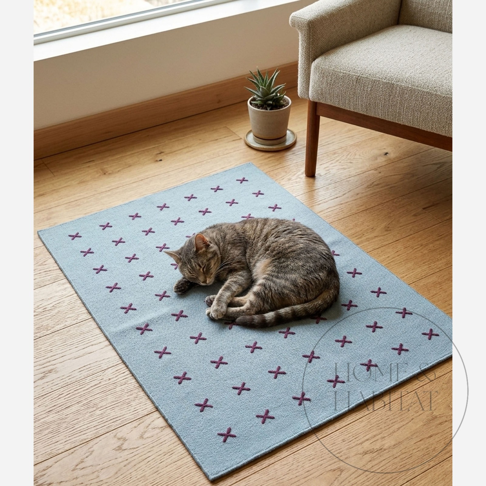Handwoven Blue Burgundy Wool Area Rug, Cross Pattern, Nordic Design 2×3 Area Rug