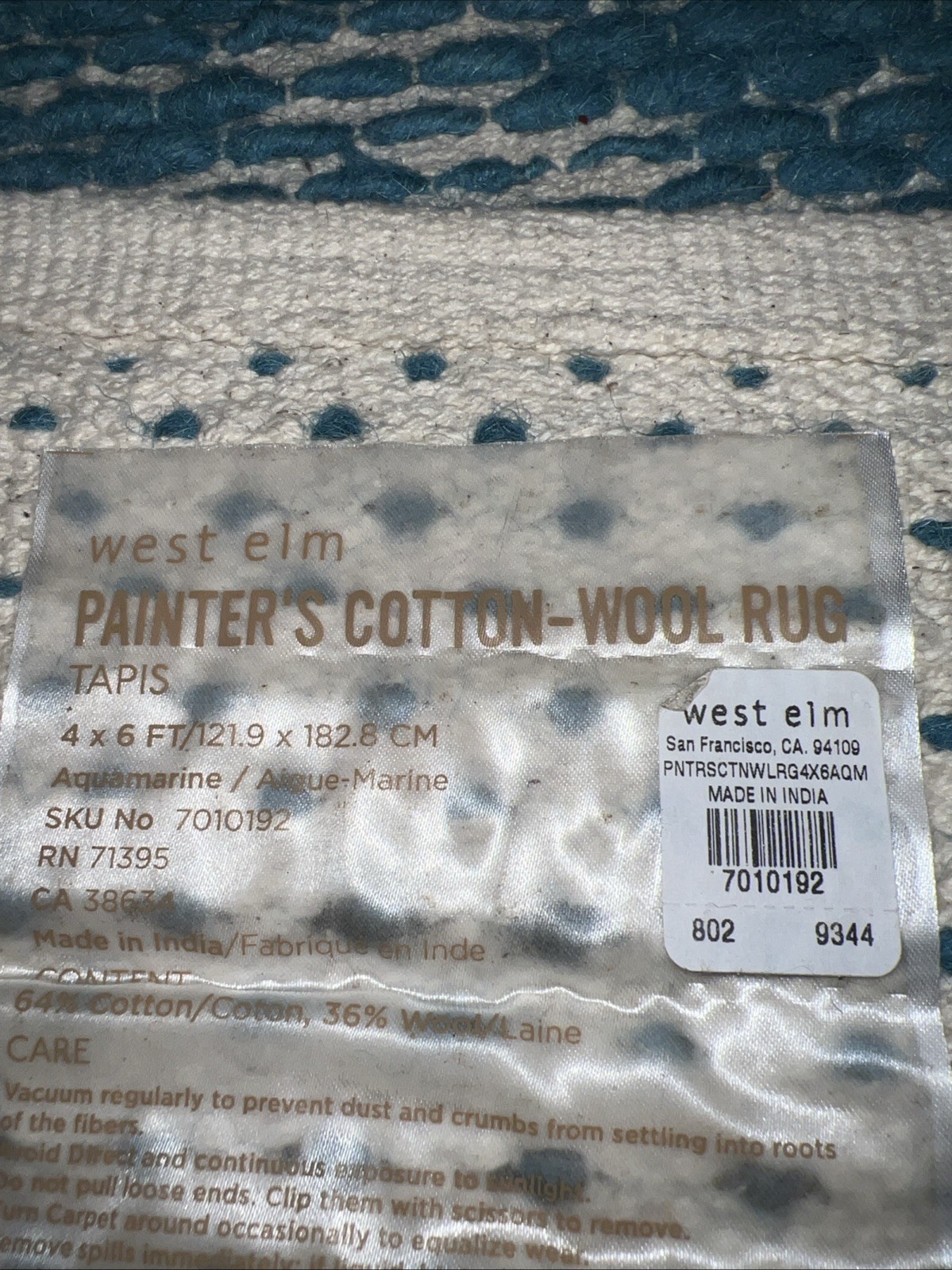 West Elm Painters Cotton Wool Area Rug 4×6 Handcrafted Teal Cream GCU