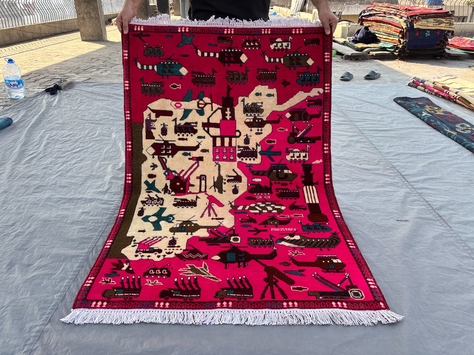Modern Afghan Oushak War Rug Hand-Knotted, Military Aircraft Vehicles Office Rug
