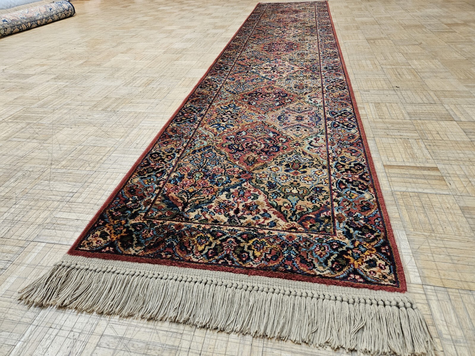 2.6×12 VINTAGE KARASTAN MULTICOLOR PANEL KIRMAN ORIGINAL 700 717 100% WOOL RUG