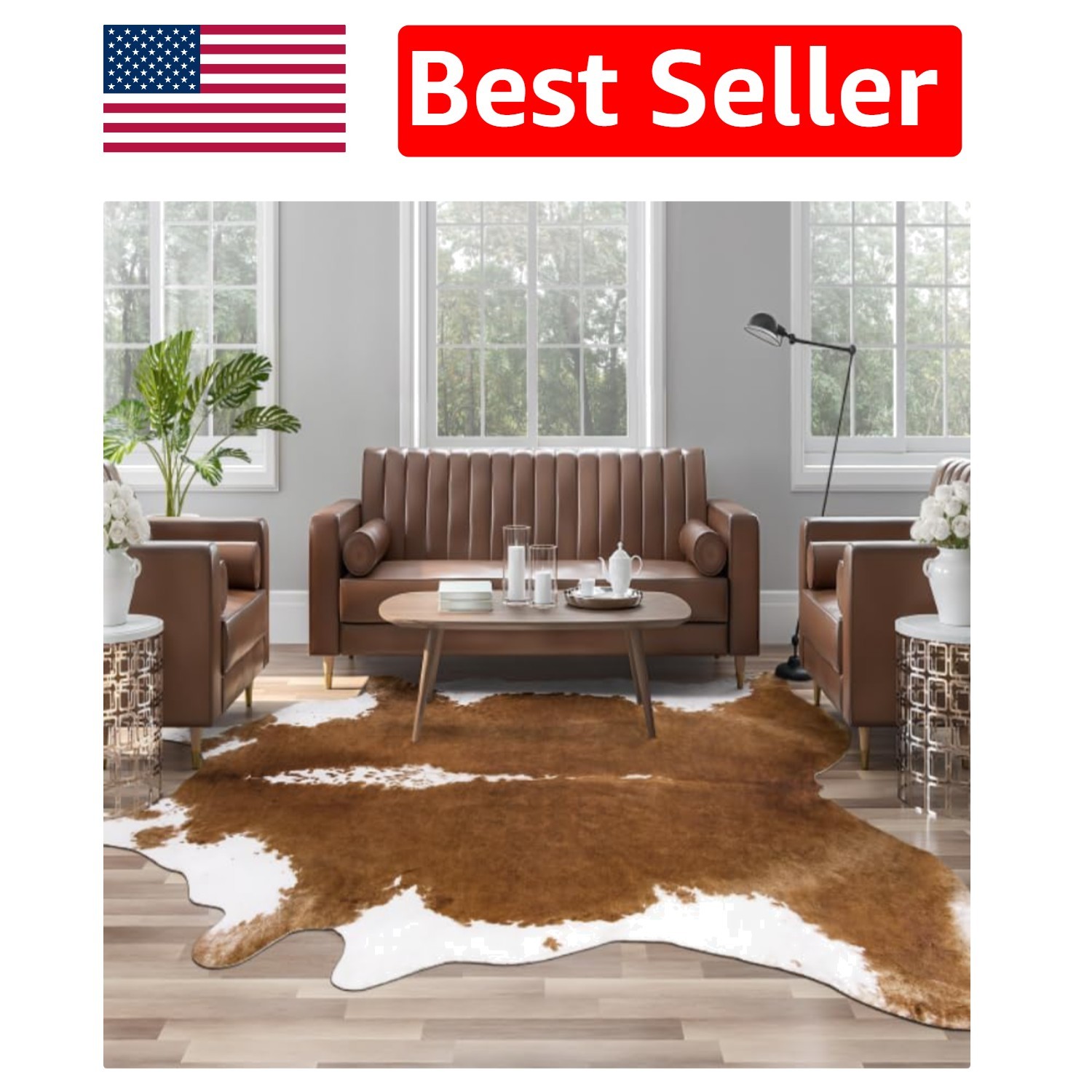 Stain Resistant Faux Cowhide Rug – 4.6 x 5.2 Feet, Non-Slip for Living Rooms