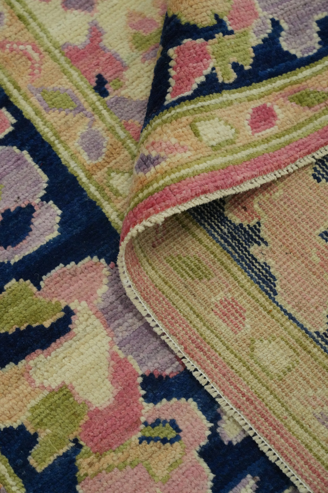 Vegetable Dye Pink/ Navy Blue Oushak Turkish Rug 5×7 ft Hand-knotted Wool Carpet