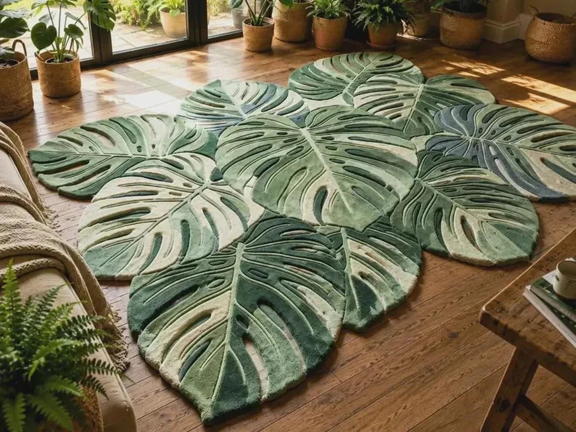 Hand-Tufted Wool Monstera Leaf Rug, Green Botanical Living Room Area Rug Carpet