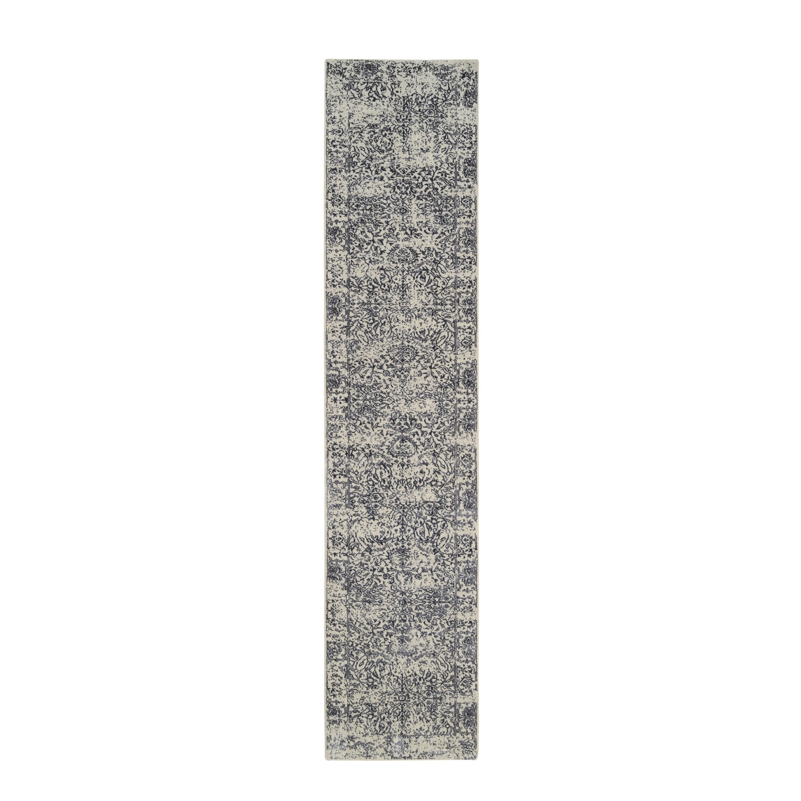 2’7″x12’2″ Wool and Silk Hand Loomed Light Gray Fine Jacquard Runner Rug R63277