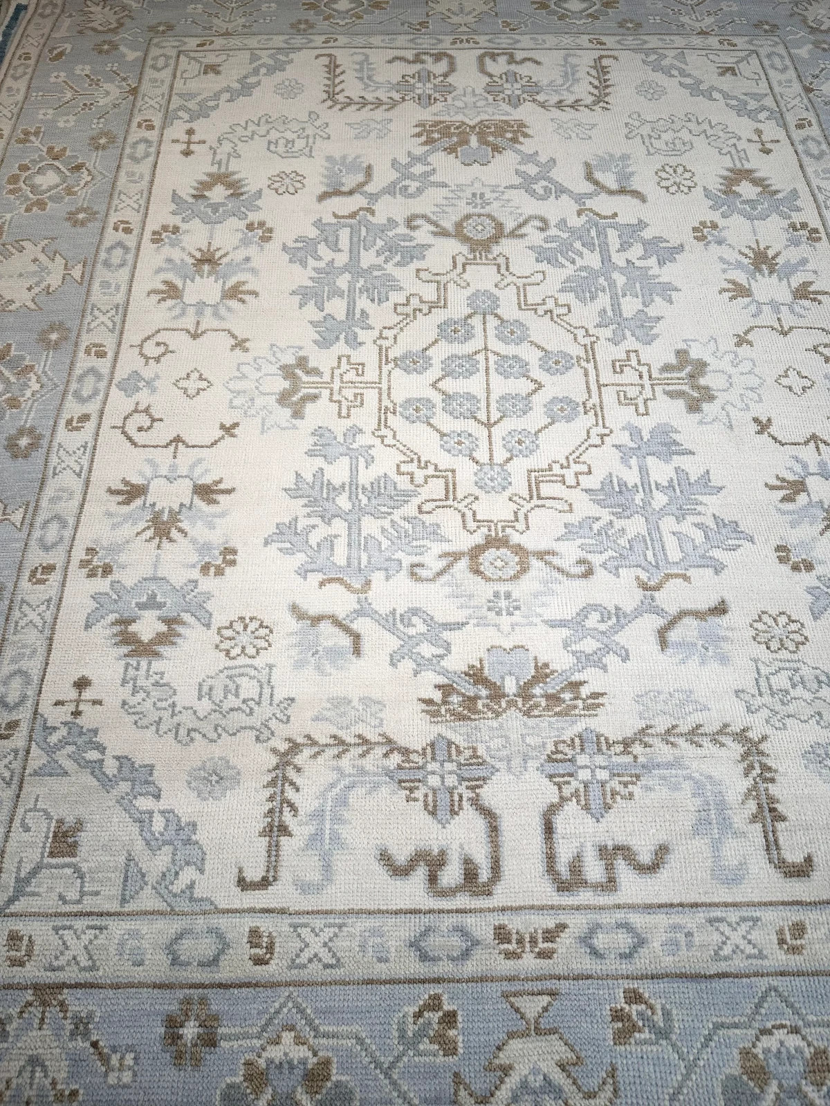 Ivory Blue Oushak Rug Hand Knotted Wool Area Rug Vintage Turkish Carpet 10×14