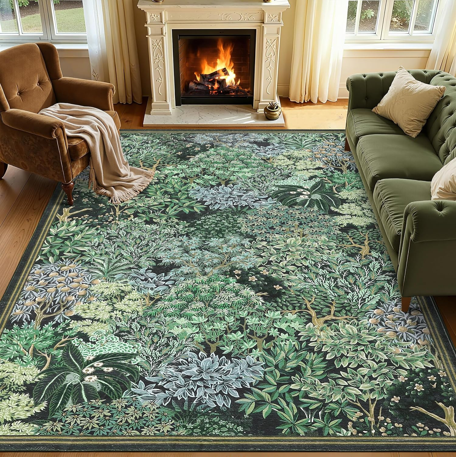Forest Rugs 5X7, Green Washable Area Rugs for Living Room 5X7, Botanical Low Pil