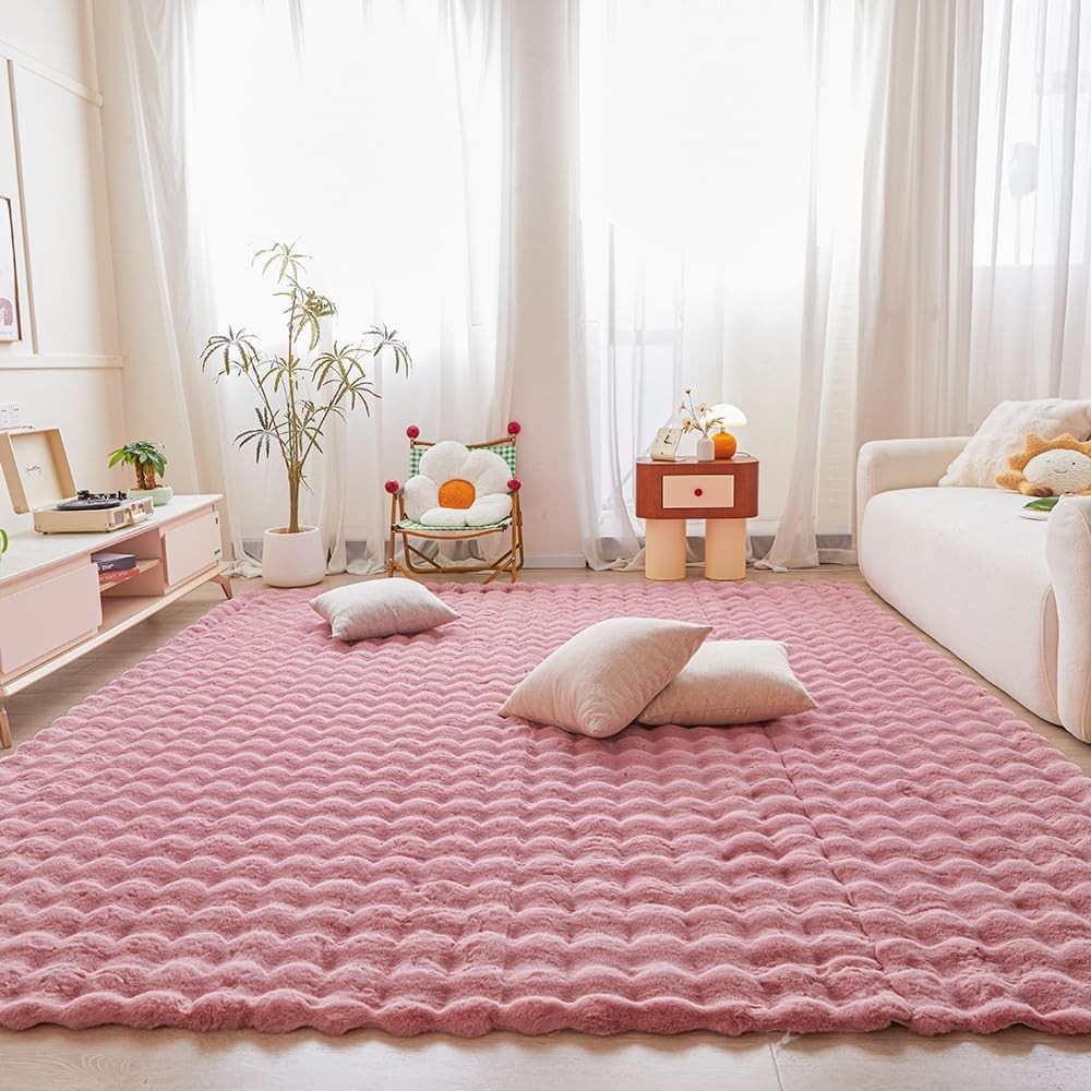 6’x9′ Pink Rabbit Plush Area Rug – Large Faux Fur Shaggy Carpet