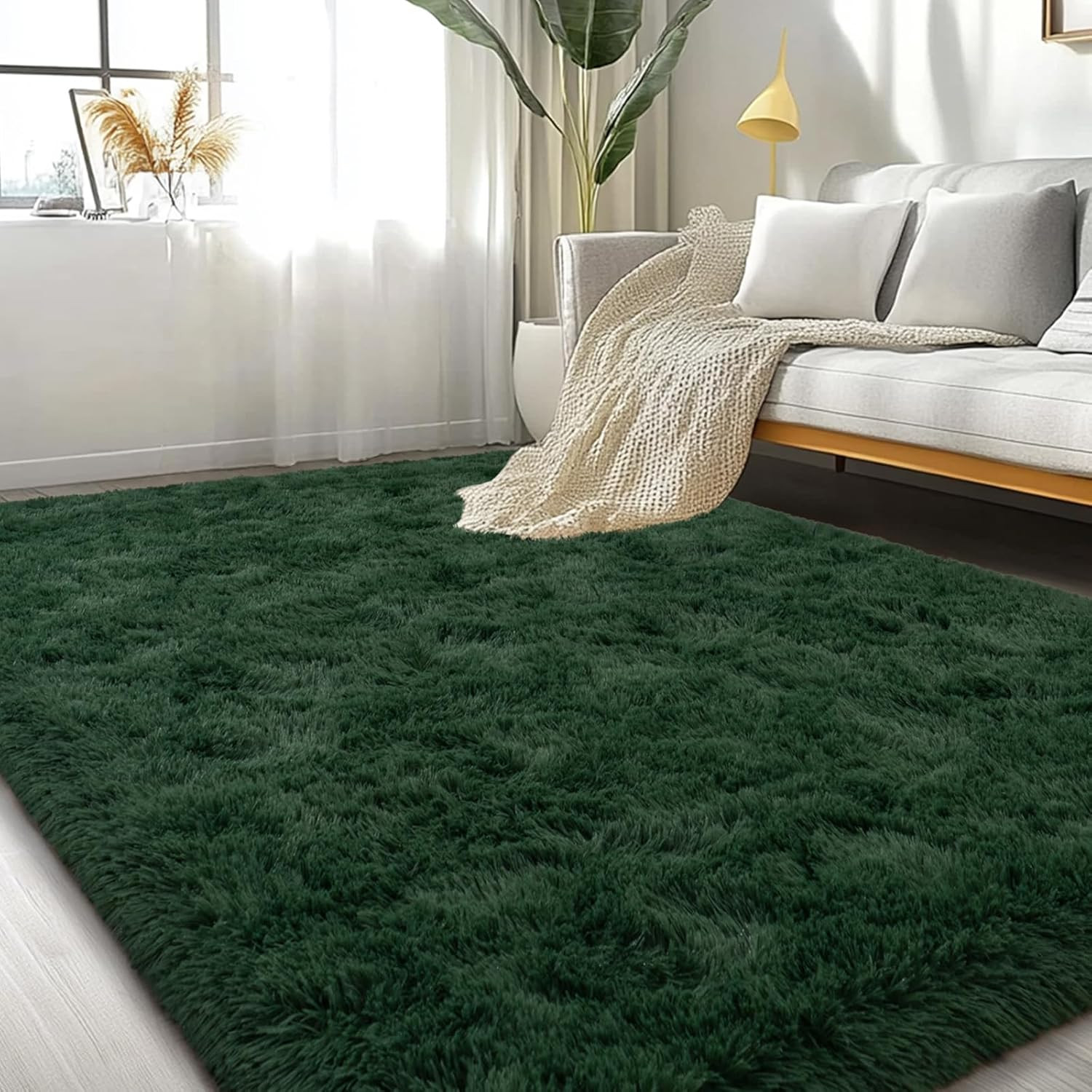 Large Area Rugs for Living Room Bedroom, 4X6 Feet Dark Green Fluffy Shag Rugs, U