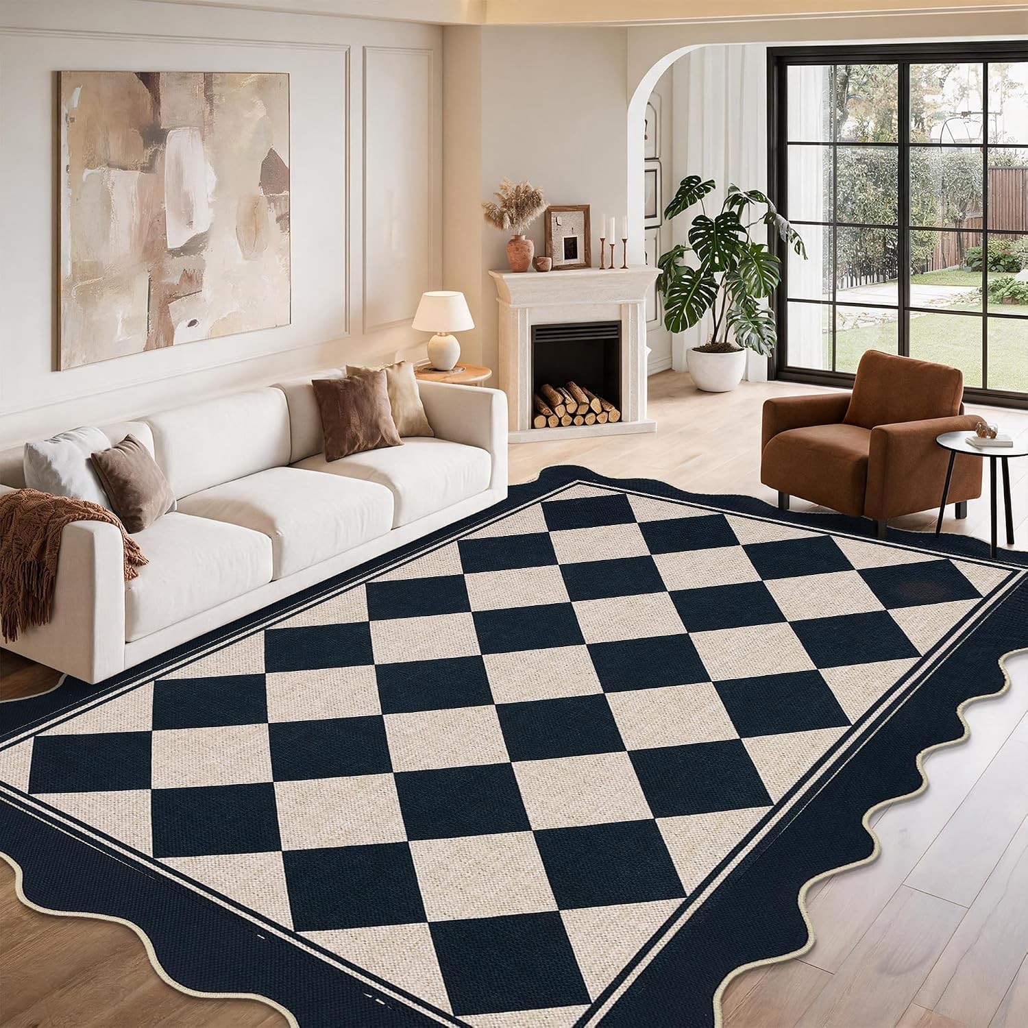 Scalloped Checkerboard Black White 5×7 Jute Washable Area Rug Living Room Patio