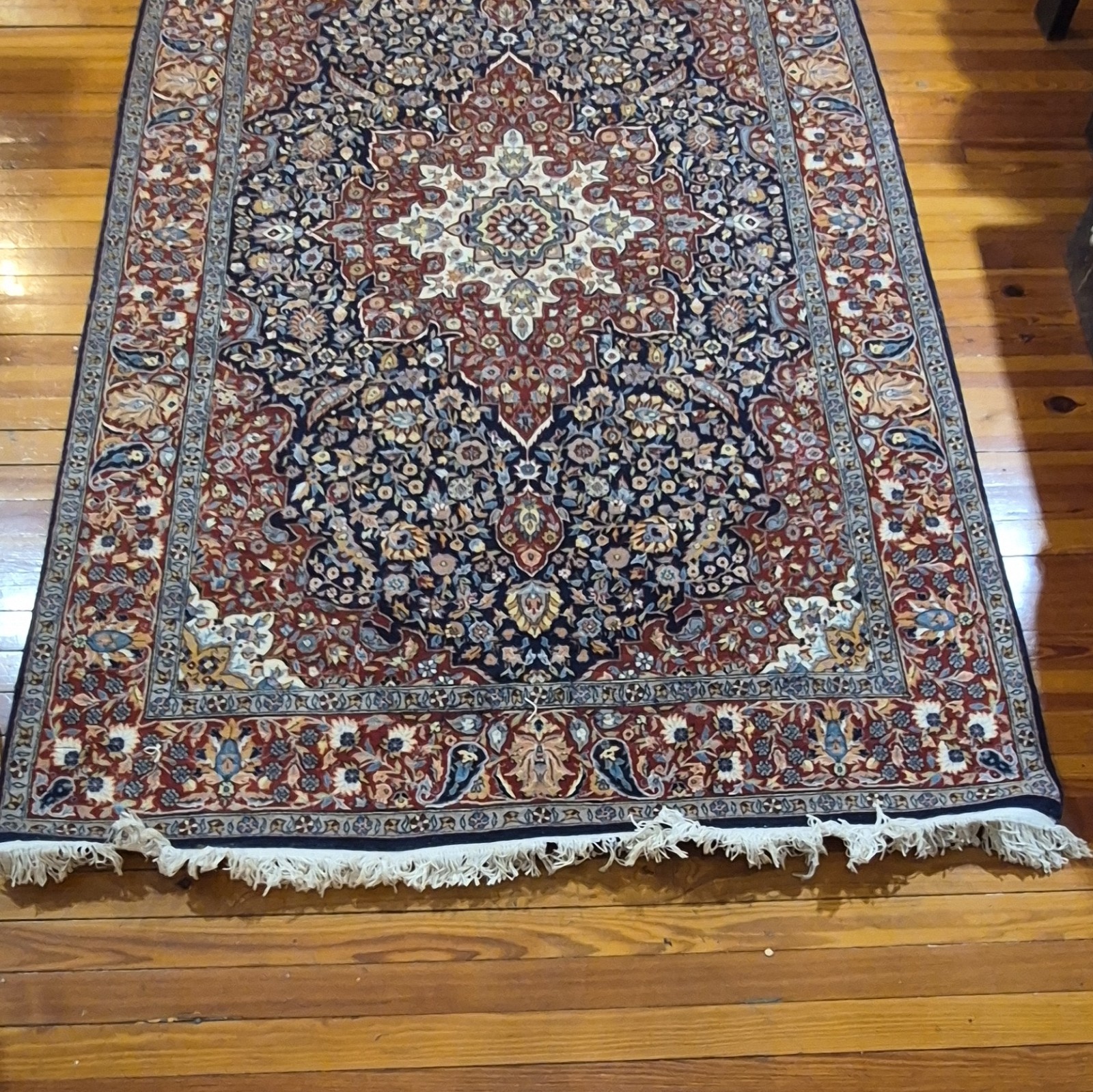Hand-Knotted Medallion Rectangle Area Rug 100% Wool 7’1″×4’7″ Navy Red Beige