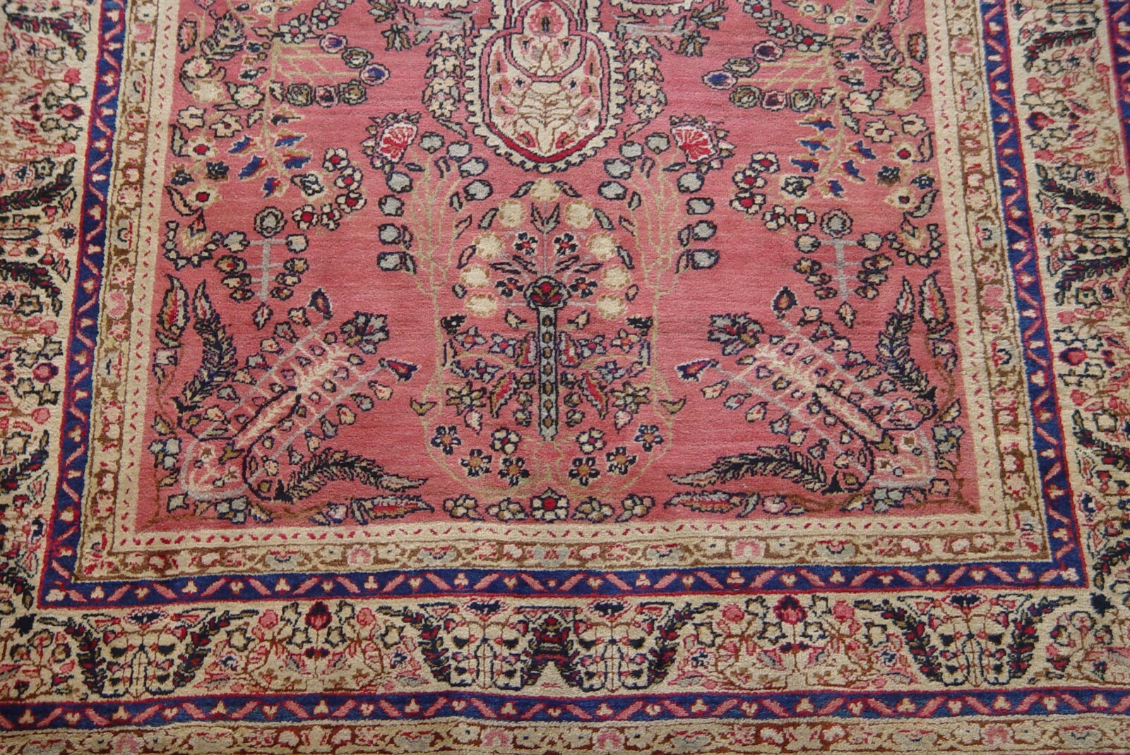 Antique 1880s Kermann Hand Knotted Wool 4’3″ x 6’5″ Pink Rose Oriental Rug