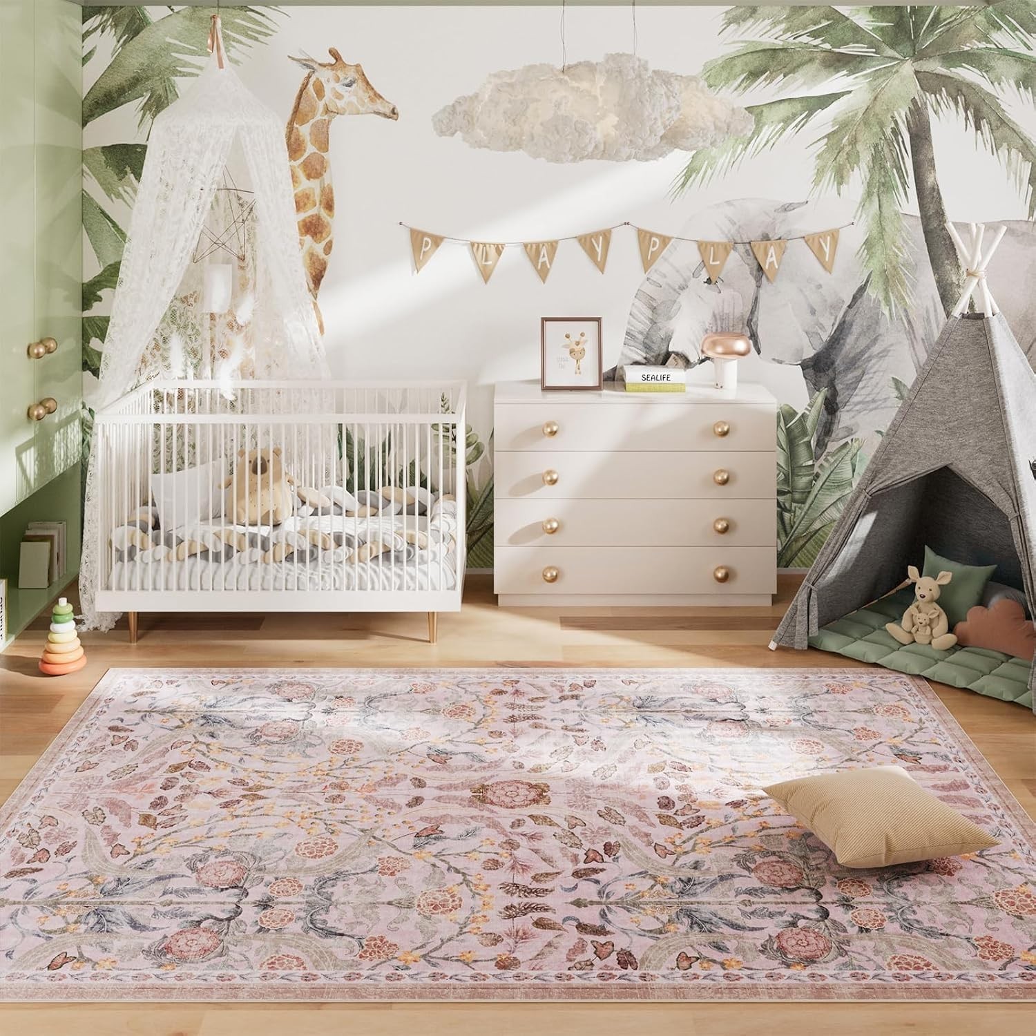 Pale Pink Rug for Girls Room, 5×7 Floral Washable Area Rug Non Slip, Boho Low…